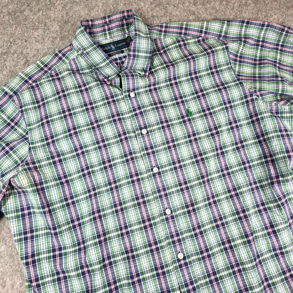 Ralph Lauren Plaid Shirt Green Blue‎ Classic Short Sleeve Button XL Preppy Pony - Picture 2 of 8